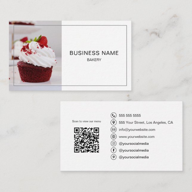 Bakery Photo QR Social Media Minimal White Visitkort (Fram/baksida)