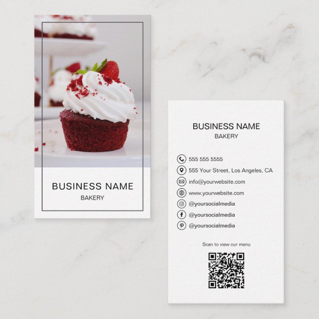 Bakery Photo QR Social Media Minimal White Visitkort (Fram/baksida)