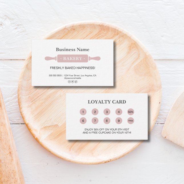 Bakery Rolling Pin White Rosa Business Reward Lojalitetskort (Bakery Rolling Pin White Pink Business Reward Loyalty Card)