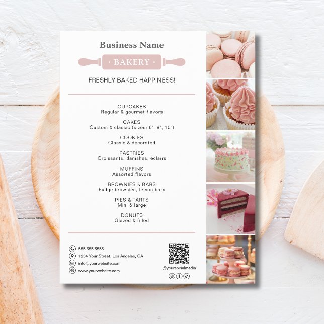 Bakery Rolling White och Pin Photo QR Rosa Reklamblad (Bakery Rolling White and Pin Photo QR Pink Flyer)
