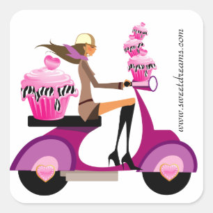 Bakery Stickers Rosa Cuptårta Scooter Girl Zebra Fyrkantigt Klistermärke