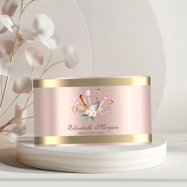 Bakery Tools Blommor Guld Rand Rosa Guld Visitkort (Skapare uppladdad)