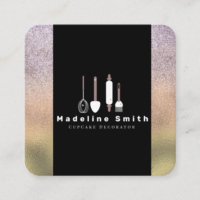 Bakery Utensils Baker Pin Spatula Guld Gnistra Fyrkantigt Visitkort (Framsida)