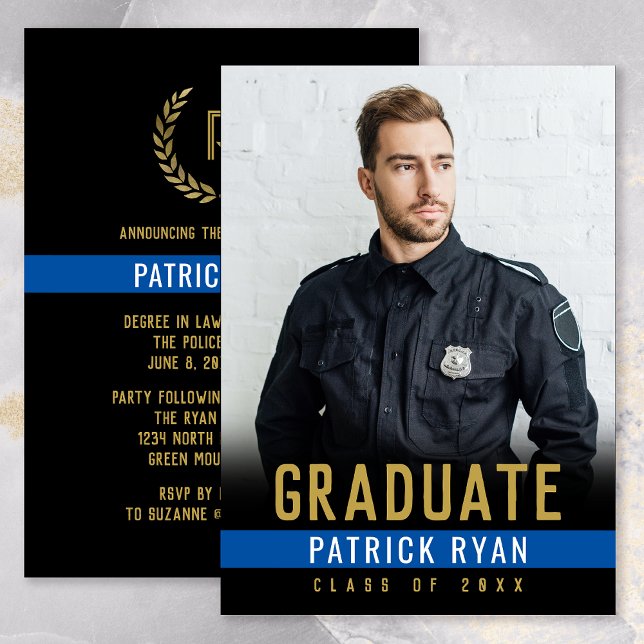 Bakfoto för student polistunneln Guld i blå linje Meddelande (Police Blue Line Graduation Announcement Party Invitation)