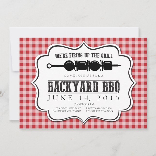 Bakgård BBQ Grill med Red Gingham Inbjudningar (Framsida)
