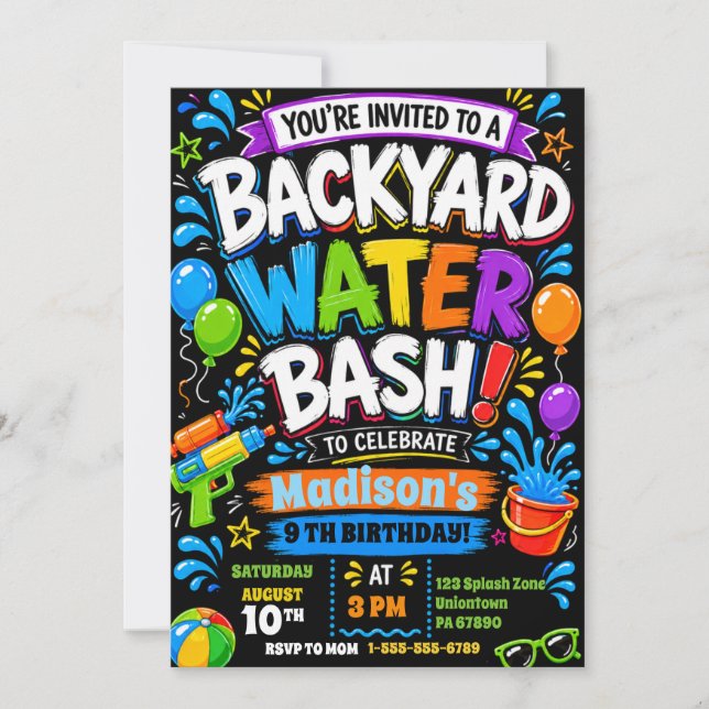 Bakgård Vatten Bash Färgglad Barn Splash Födelseda Inbjudningar (Framsida)