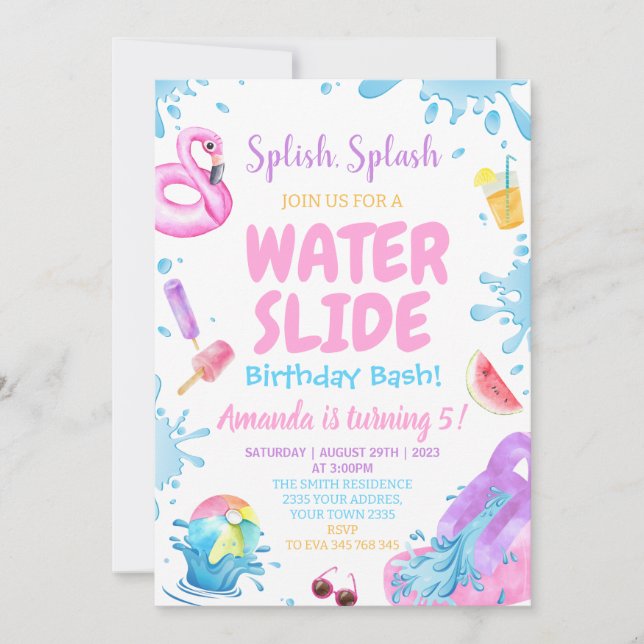 Bakgård Vattenrutschbana Splash Födelsedagsfest Inbjudningar (Framsida)