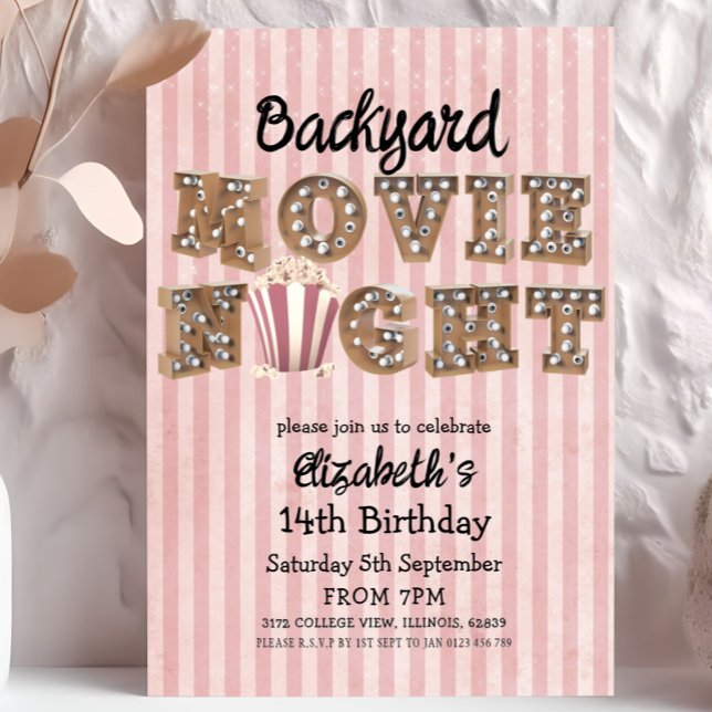 Bakgårdsfilmfest Popcorn Marquee Ljus Firande Inbjudningar (Skapare uppladdad)