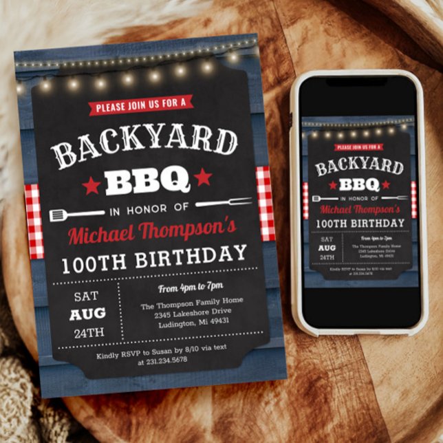 Bakgårdsinbjudan 100:e födelsedag inbjudningar (Backyard Barbecue 100th Birthday Invitation)