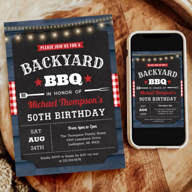 Bakgårdsinbjudan 50:e födelsedag inbjudningar (Backyard Barbecue 50th Birthday Invitation)