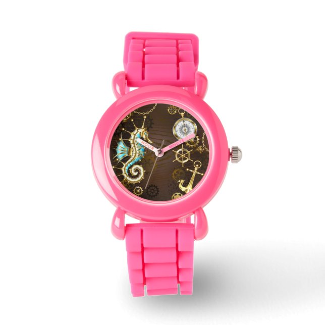 Bakgrund av trä med mekanisk sjöhäst armbandsur (Framsida)