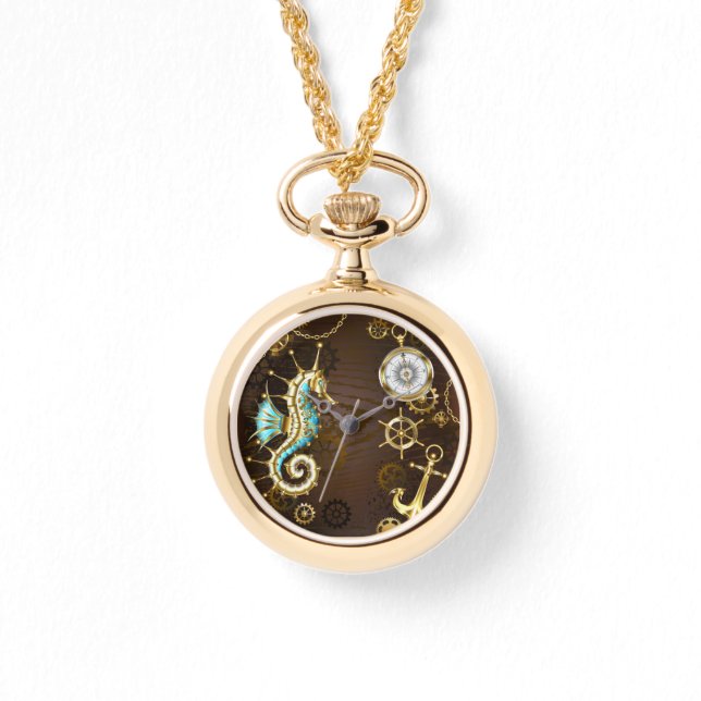 Bakgrund av trä med mekanisk sjöhäst armbandsur (Framsida)