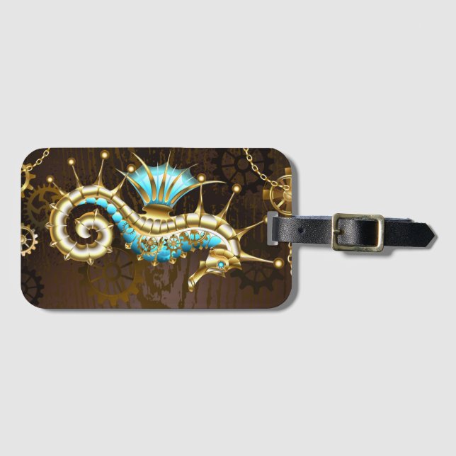 Bakgrund av trä med mekanisk sjöhäst bagagebricka (Framsida horisontal)