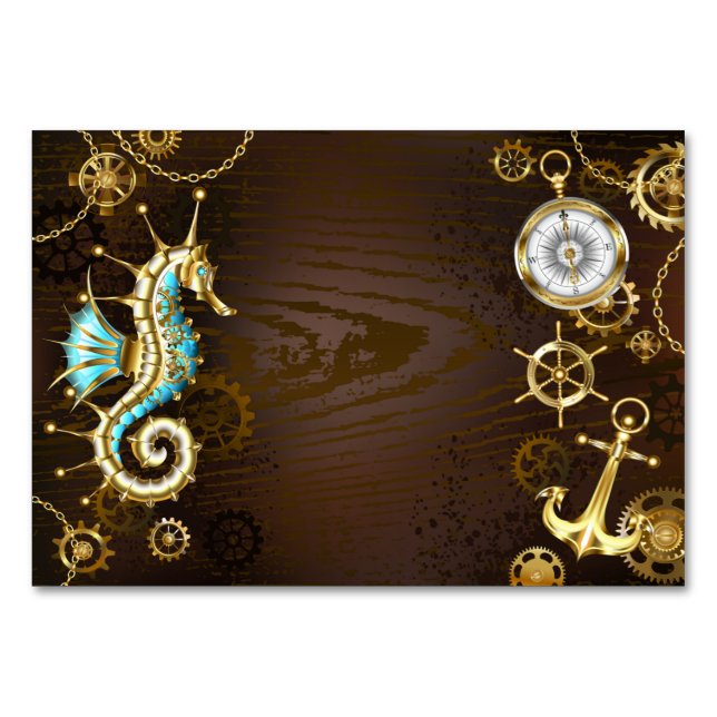 Bakgrund av trä med mekanisk sjöhäst bordsnummer (Framsidan)