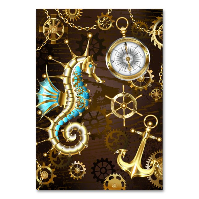 Bakgrund av trä med mekanisk sjöhäst bordsnummer (Framsidan)