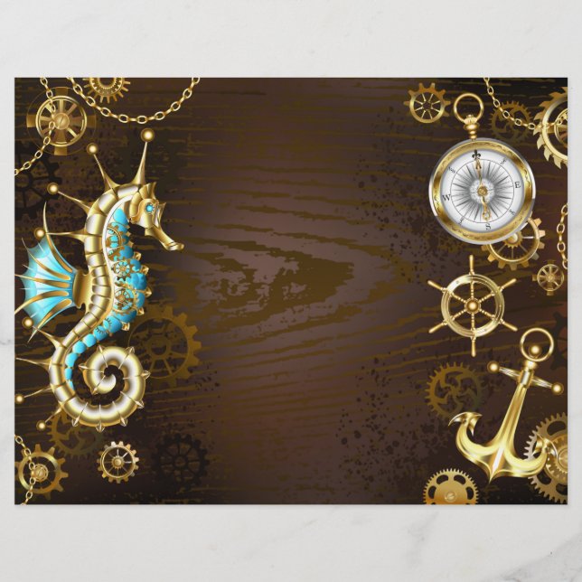 Bakgrund av trä med mekanisk sjöhäst brevhuvud (Framsida)