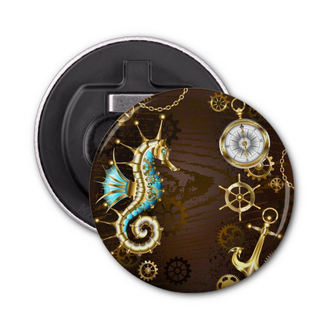 Bakgrund av trä med mekanisk sjöhäst flasköppnare (Framsidan)