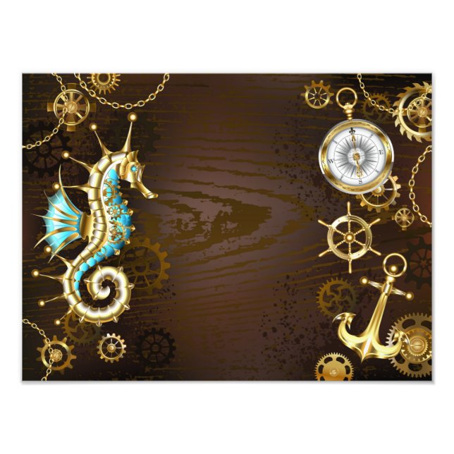 Bakgrund av trä med mekanisk sjöhäst fototryck (Framsidan)