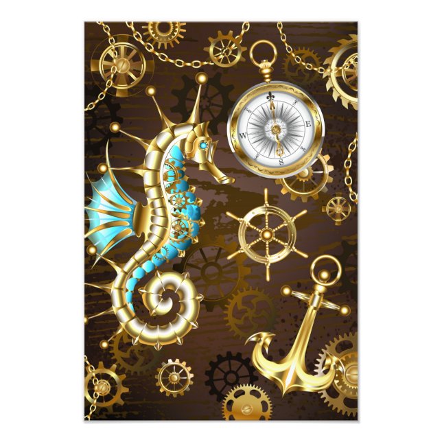 Bakgrund av trä med mekanisk sjöhäst fototryck (Framsidan)