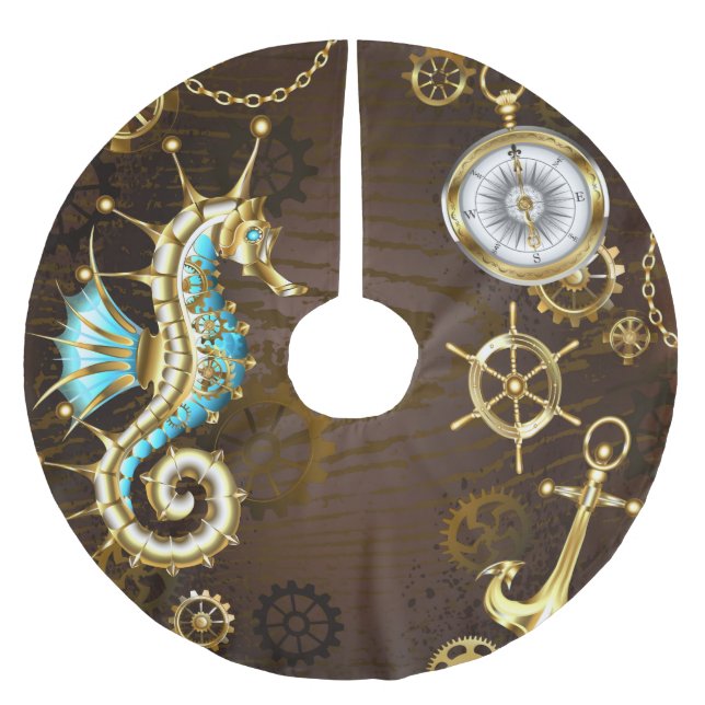 Bakgrund av trä med mekanisk sjöhäst julgransmatta borstad polyester (Framsidan)