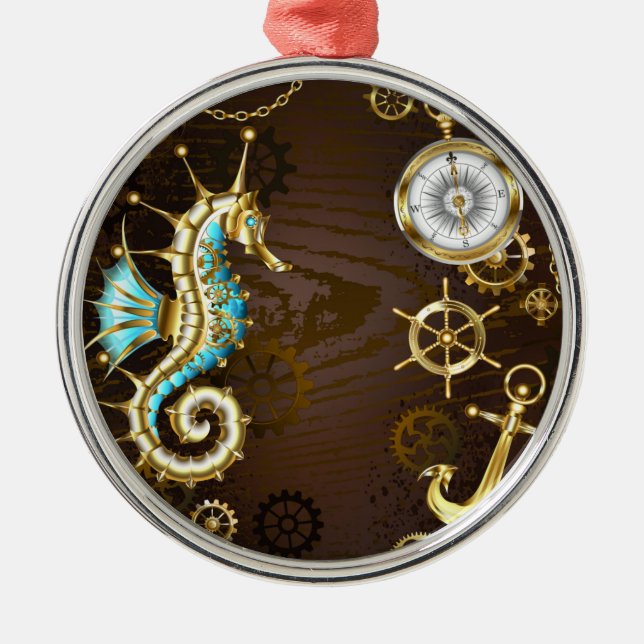 Bakgrund av trä med mekanisk sjöhäst julgransprydnad metall (Framsidan)