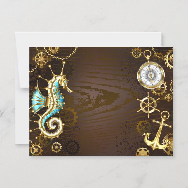 Bakgrund av trä med mekanisk sjöhäst magnetisk inbjudningskort (Framsida)