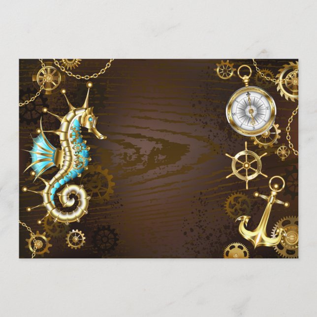 Bakgrund av trä med mekanisk sjöhäst meny (Framsida)