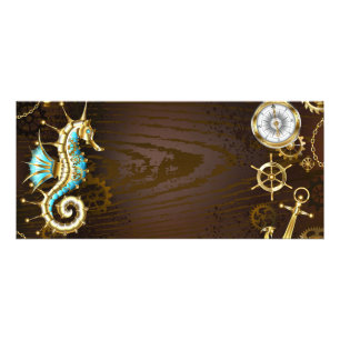 Bakgrund av trä med mekanisk sjöhäst reklamkort