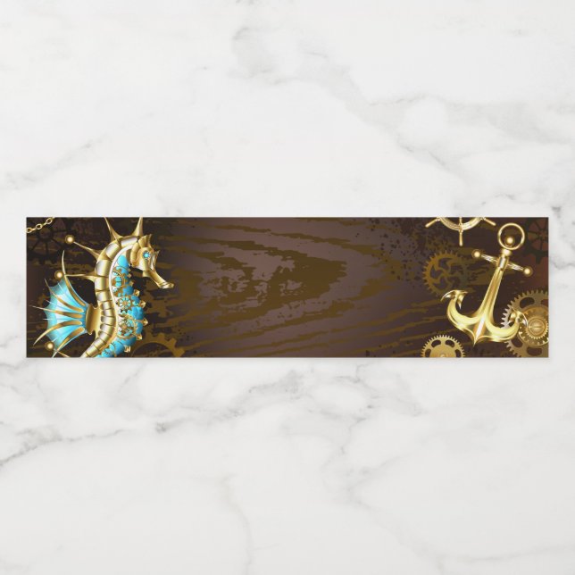 Bakgrund av trä med mekanisk sjöhäst vattenflaskor etikett (Singel etikett)