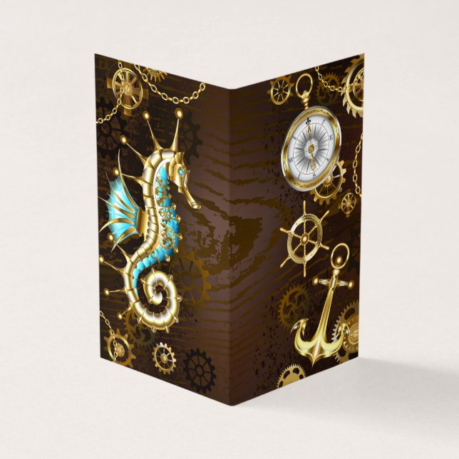 Bakgrund av trä med mekanisk sjöhäst visitkort (Utsida)