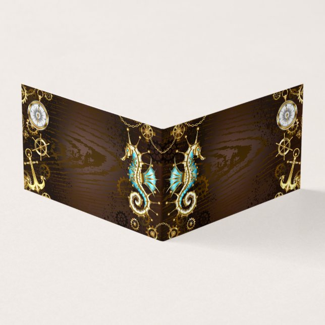 Bakgrund av trä med mekanisk sjöhäst visitkort (Utsida)