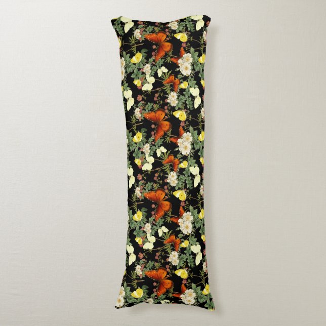 Bakgrund för äppelblommar och fjärilar, svart kroppskudde (Framsidan Vertikal)