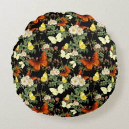 Bakgrund för äppelblommar och fjärilar, svart rund kudde