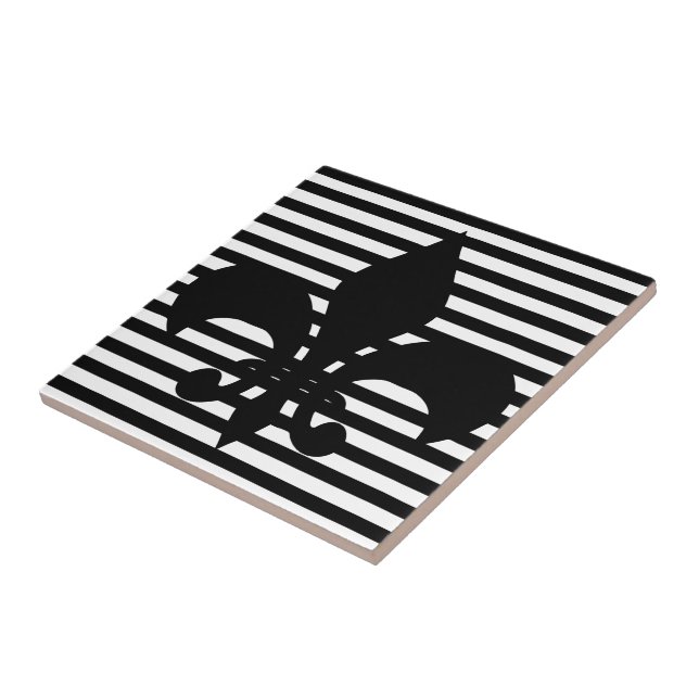 Bakgrund för Fleurs-de-lis Black and White Stripe Kakelplatta (Sidan)
