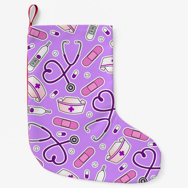 Bakgrund för lilor för sjuksköterskakärlektryck liten julstrumpa (Framsidan)