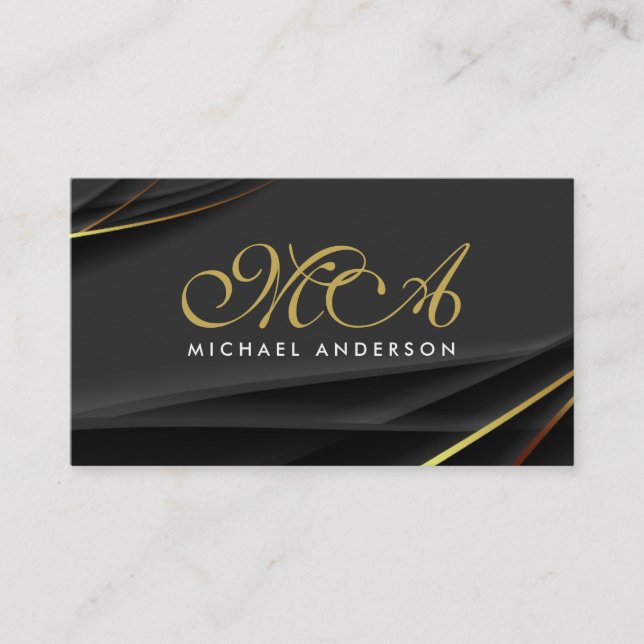 Bakgrund för Monogram Elegant Script Black Guld Visitkort (Framsida)
