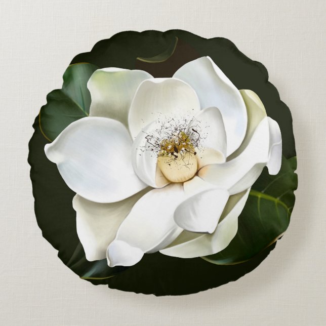 Bakgrund för vit Grönt för stängning av Magnolia Rund Kudde (Framsidan)