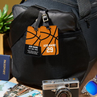 Bakgrund med basketboll, namn och kontaktinformati bagagebricka