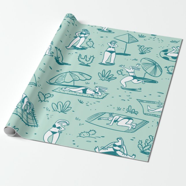 Bakgrund med sommarstrandflickor. Sömlös pinne Presentpapper (Utrullad)