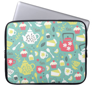 Bakgrund med Tekanna, Kopp, citron, blommor a Laptop Fodral