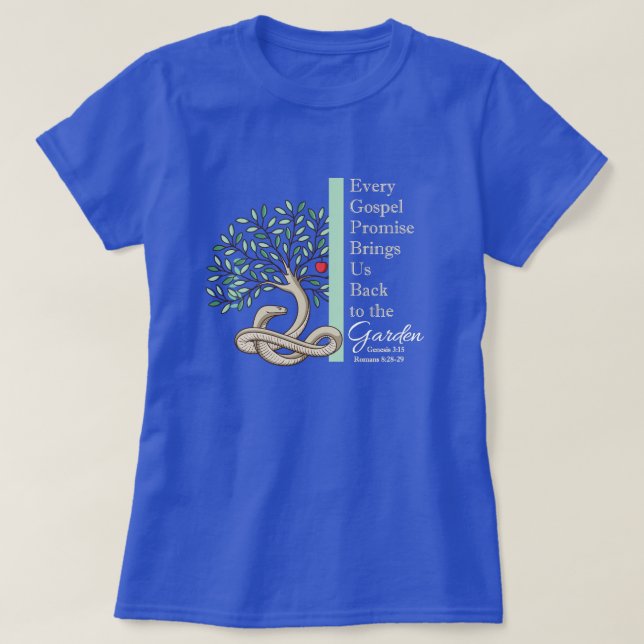 BAKGRUND TILL DET GARDEN-kristna Gospelet Blue Kor T Shirt (Design framsida)