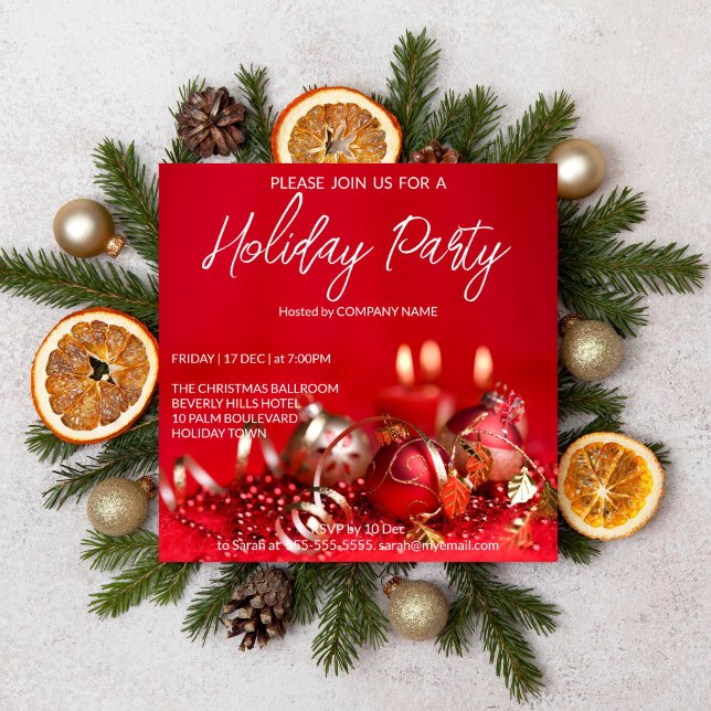 Bakgrund till Helgdag med rödbaublar och guld Inbjudningar (Christmas Holiday party editable template invitation digital download red baubles gold corporate )