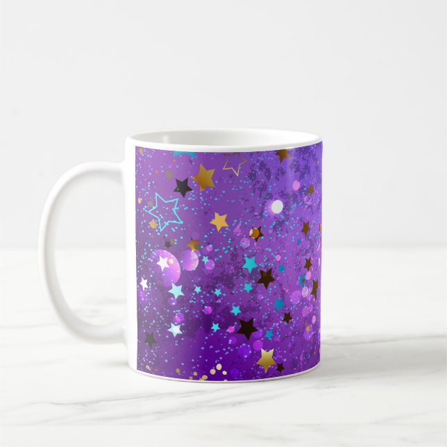 Bakgrund till lila folie med stjärnor kaffemugg (Vänster)