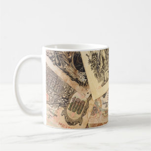 Bakgrund till olika ryska sedlar i vintage kaffemugg