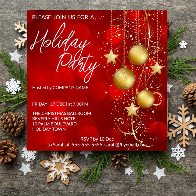 Bakgrundsinbjudan till Helgdag av röda och guld-bu Inbjudningar (Christmas Holiday party editable template invitation digital download red baubles gold corporate )