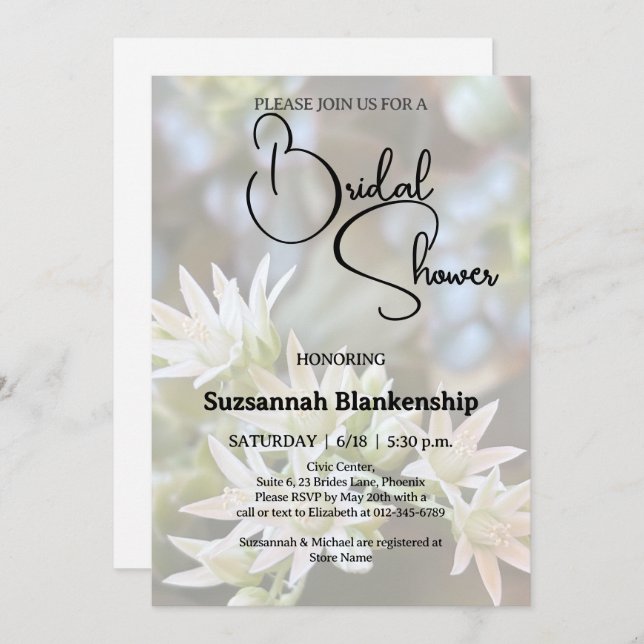 BakgrundsMöhippa för vit sukulär Blommigt Inbjudningar (Fram/baksida)