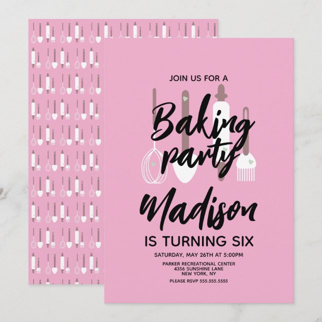 Baking Chef Baker Födelsedagsfest Rosa-inbjudan Inbjudningar (Fram/baksida)