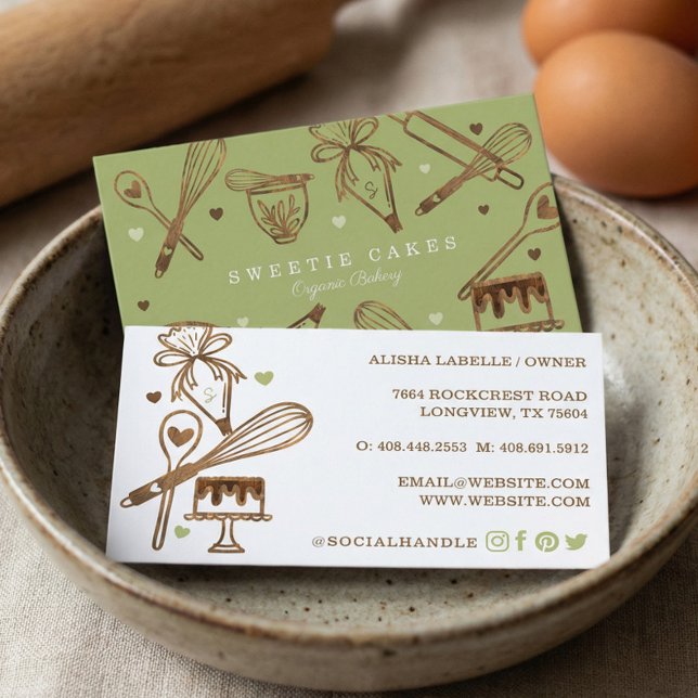 Baking & Cooking Utensil Woodgrain Struktur & Grön Visitkort (Baking & Cooking Utensil Woodgrain Texture & Green Business Card)