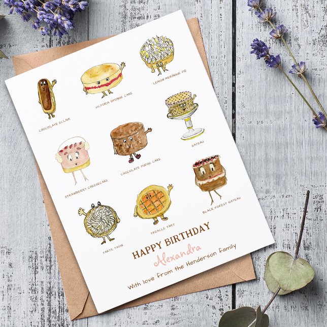 Baking Grattis på födelsedagen gullsjöar rosa (Baking Cake lovers personalized birthday greetings card with cute cake cartoon illustrations )
