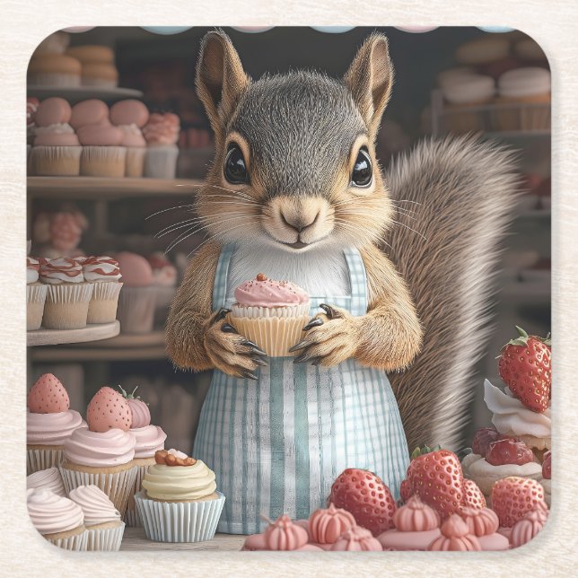 Baking Squirrel med Cupcoa Underlägg Papper Kvadrat (Framsidan)
